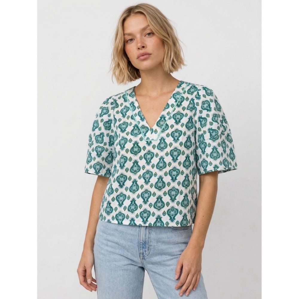 Loft Women's Top Blouse Puff‎ Sleeve Square Fit Floral Medallion Patterned  Sz S